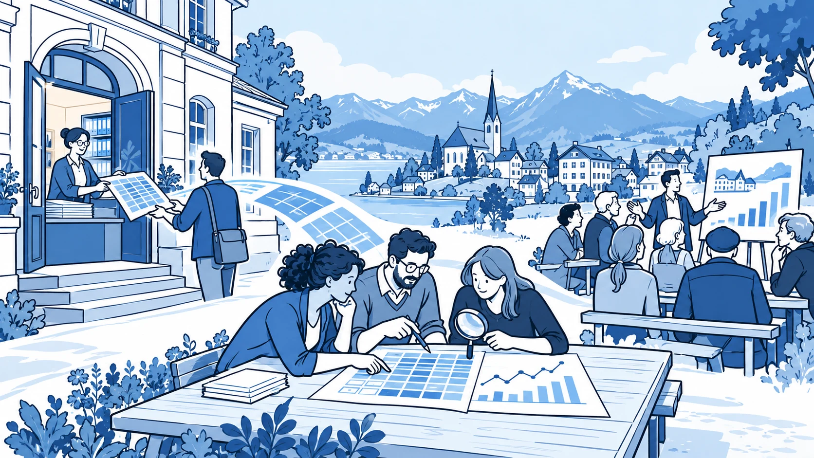 Blaue Editorial-Illustration: Öffentliche Verwaltungsdaten verbinden Verwaltung, Bevölkerung und gemeinsame Entscheidungsfindung